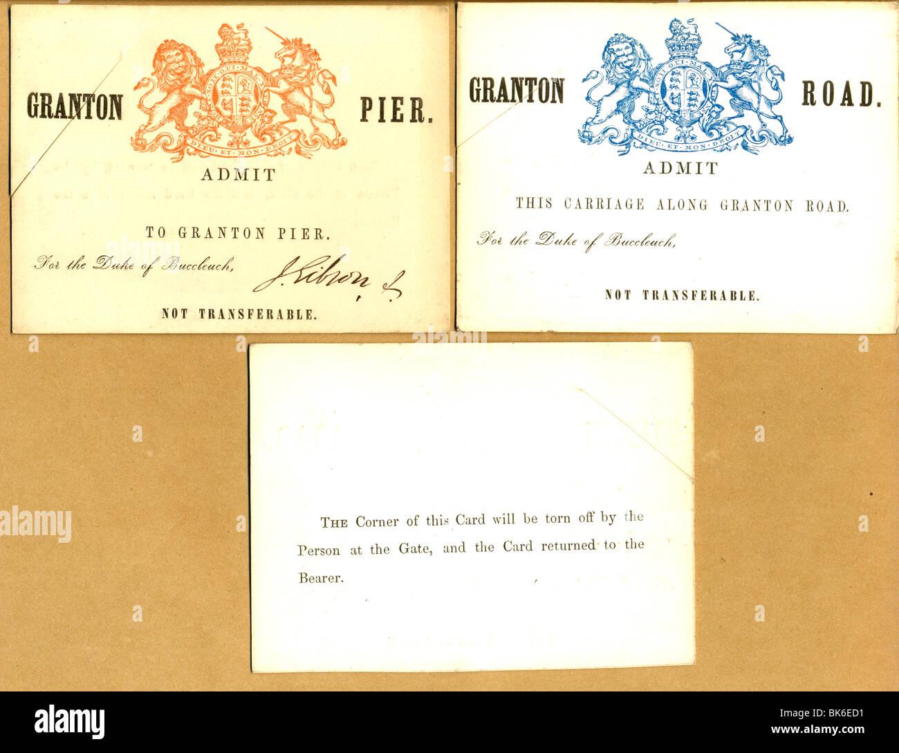 Tickets for Granton Pier and Granton Road, Edinburgh, for Queen Victoria's first visit to Scotland Stock Photo