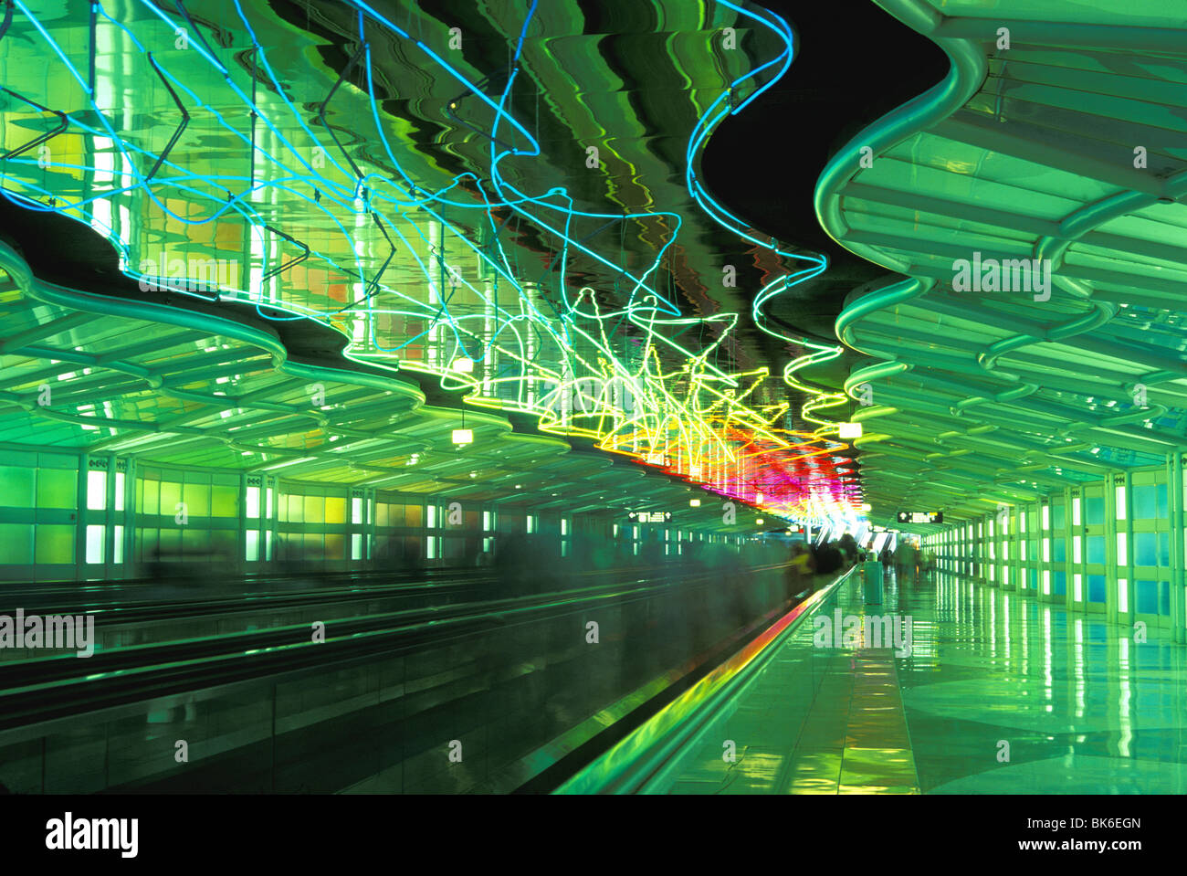 neon lighting in corridor O'Hare Airport Chicago Illinois Stock Photo