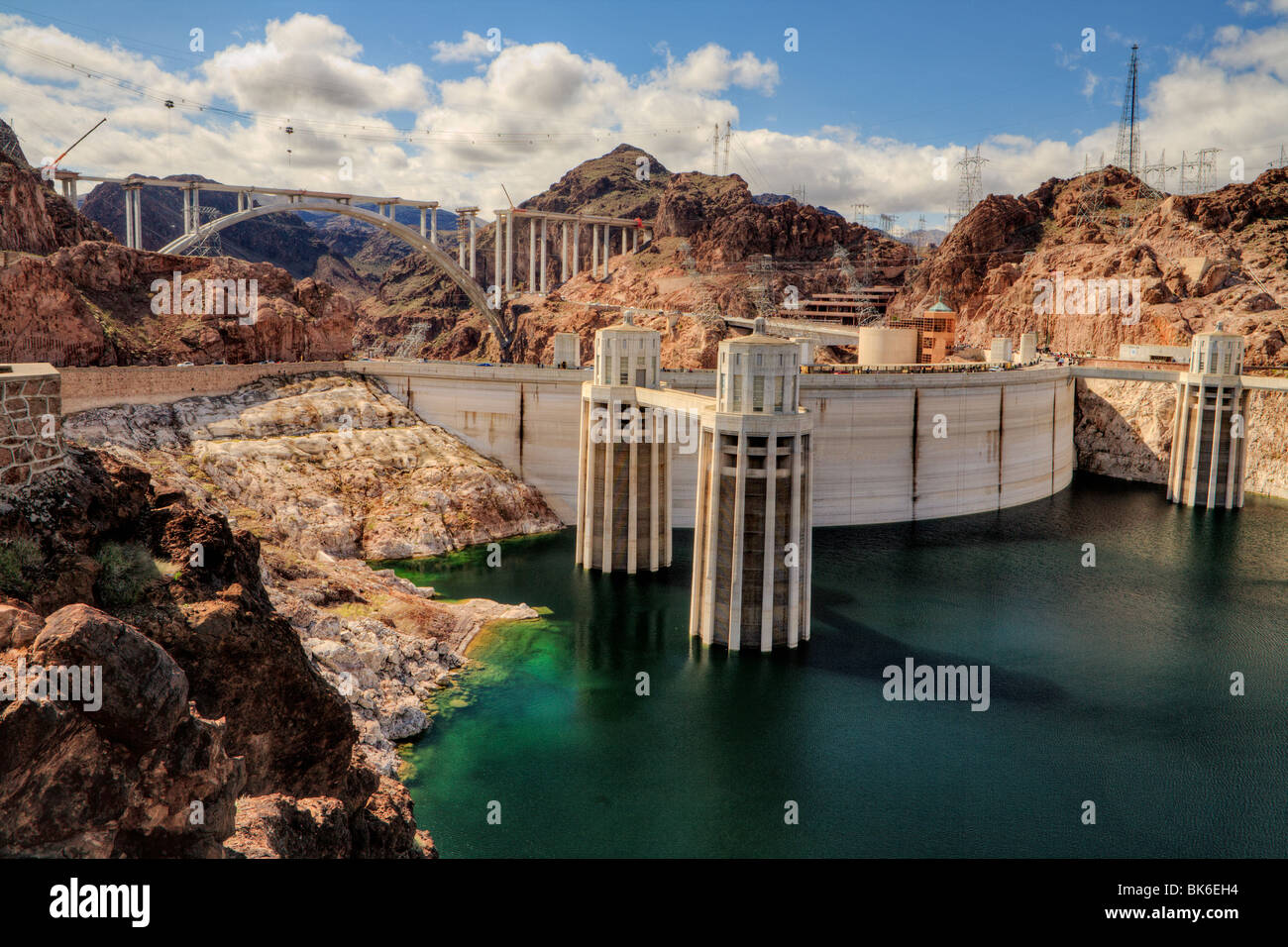 The world famous Hoover Dam and construction of new bridge around it-Boulder City, Nevada, USA. Stock Photo