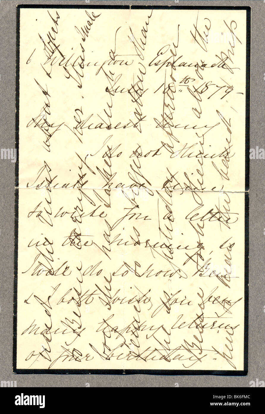 Victorian letter on mourning paper showing cross writing Stock Photo