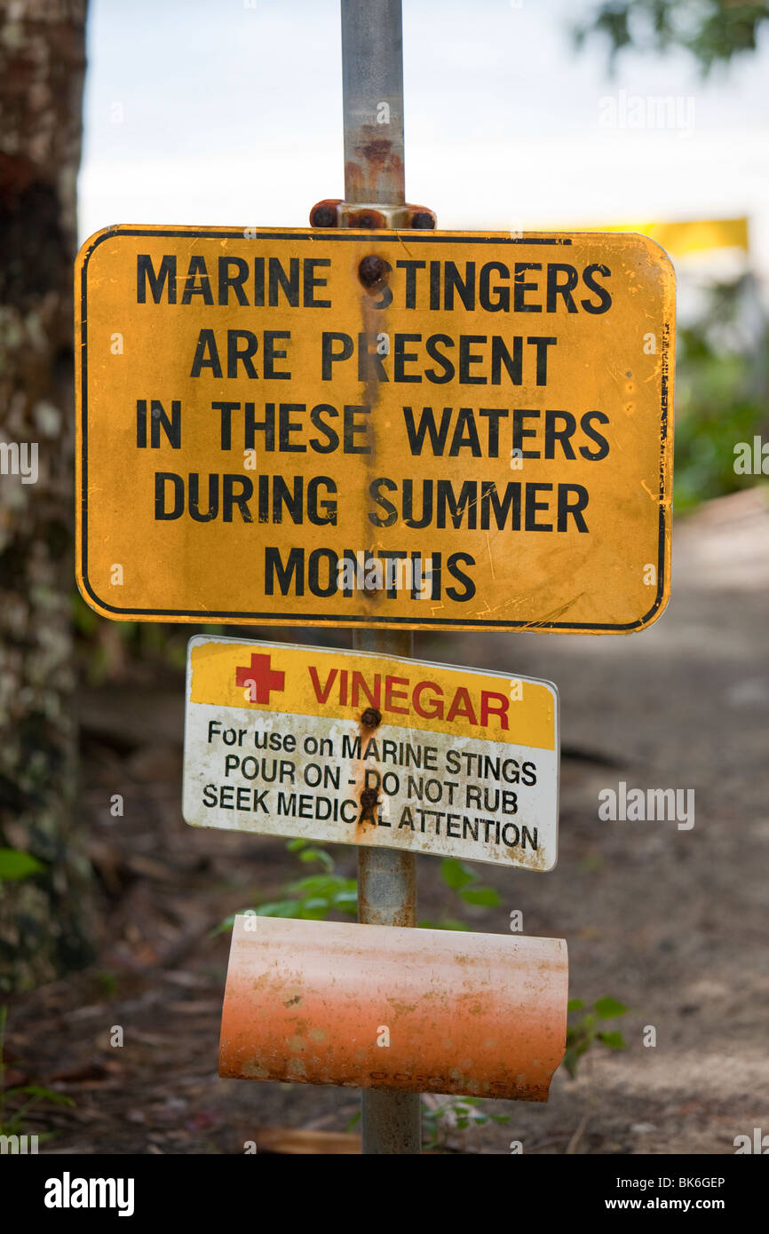 A sign warning of Marine Stingers on a beach north of Cairns, Queensland, Australia. Stock Photo