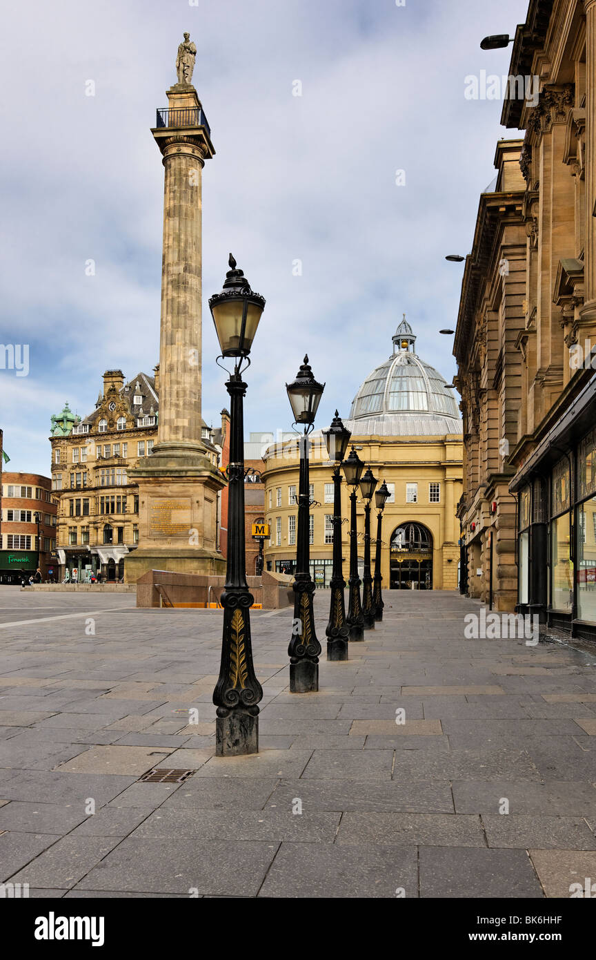 Looking towards Grey's Monument and the dome of Monument Mall at the top of Grey Street in Newcastle upon Tyne Stock Photo