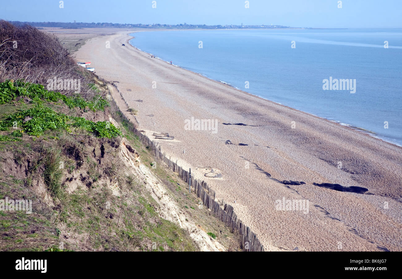 Experimental membrane sea defences designed to trap beach sediment, Dunwich, Suffolk. View north to Southwold. Stock Photo
