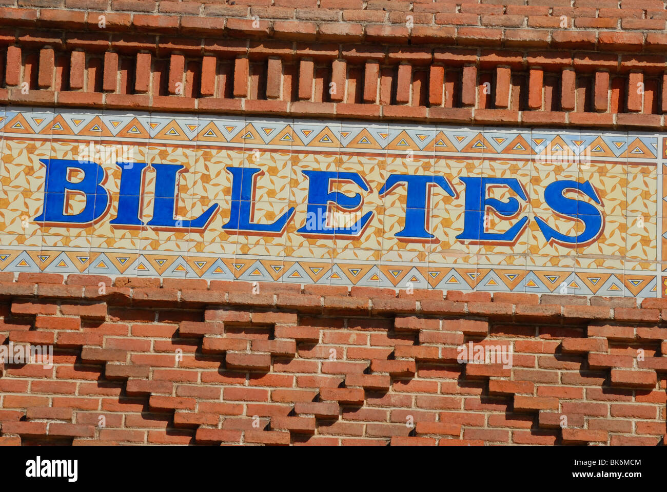Madrid, Spain. Las Ventas bullring / Plaza de Toros. Tiled sign over ticket window 'Billetes' = tickets Stock Photo
