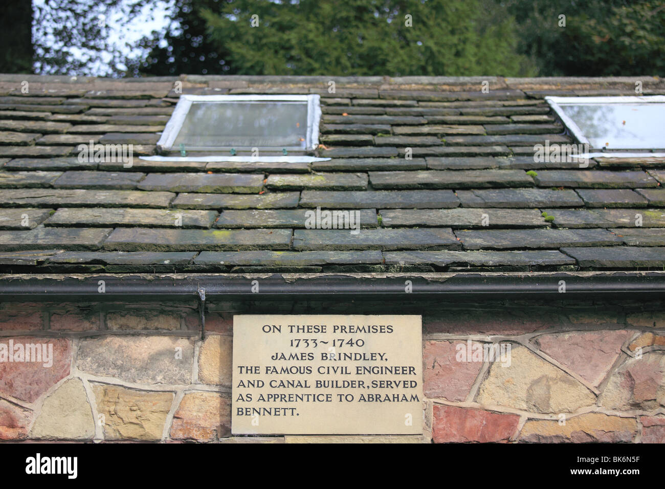 Plaque on building at Sutton, Macclesfield showing that James Brindley