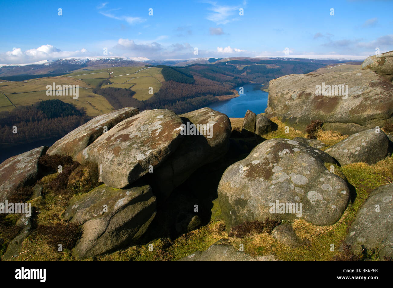 Kinder Scout and Ladybower reservoir from Derwent Edge, Derwent Moors, Peak District, Derbyshire, England, UK Stock Photo