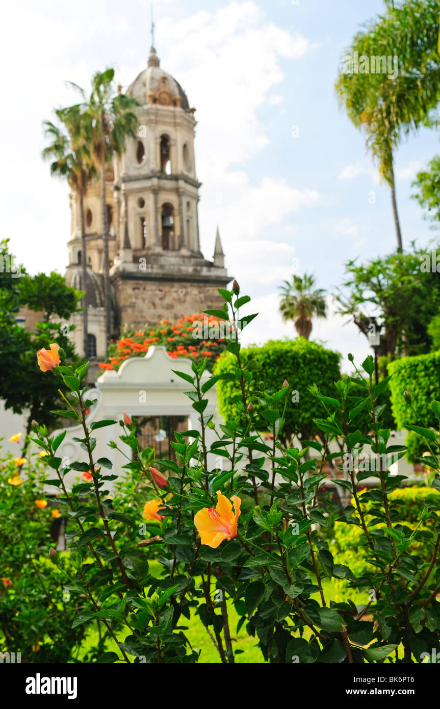Hibiscus blooming near Temple of Solitude or Templo de la Soledad, Guadalajara Jalisco, Mexico Stock Photo