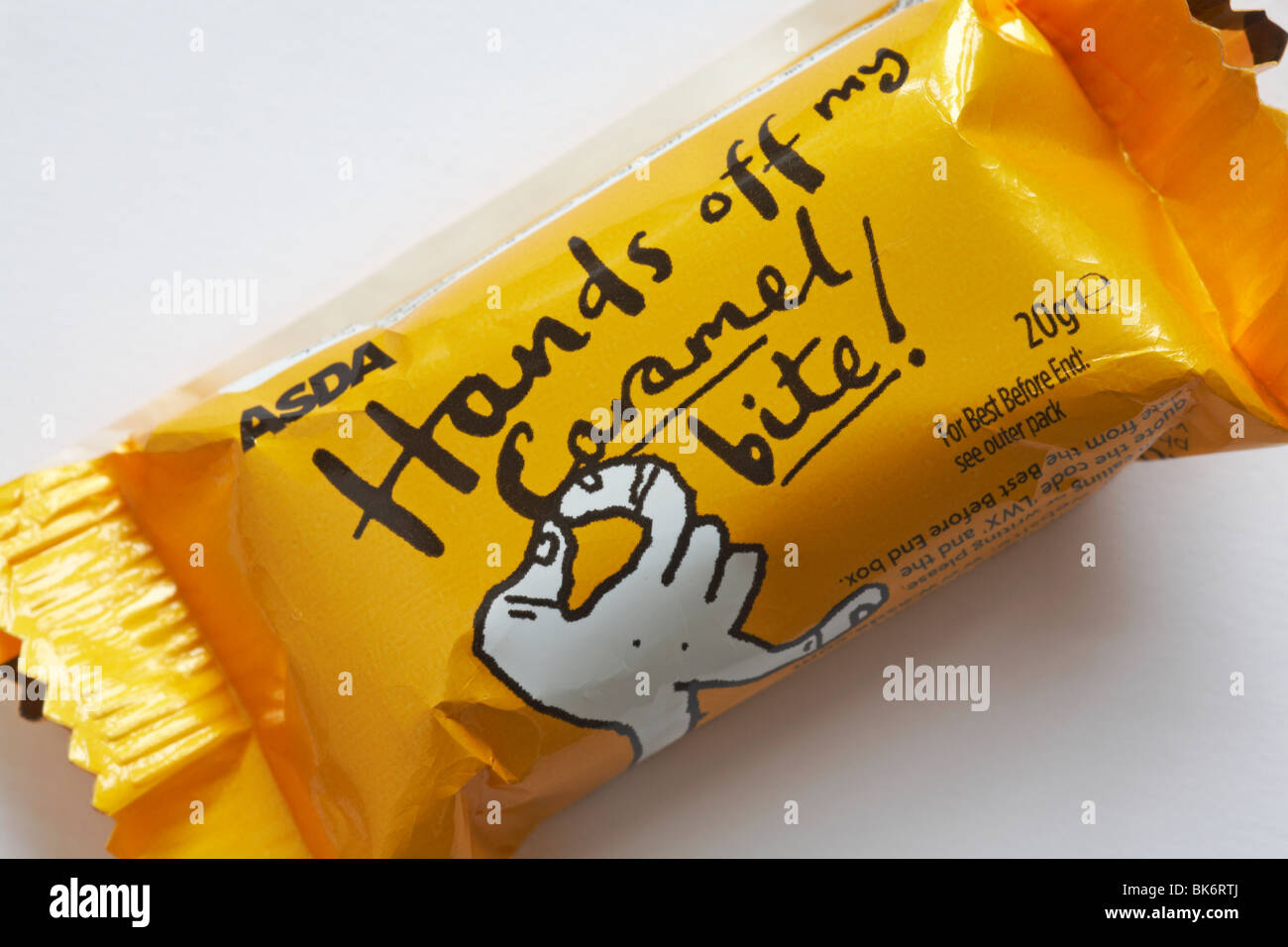 Hands off my caramel bite chocolate bar from Asda set on white background Stock Photo