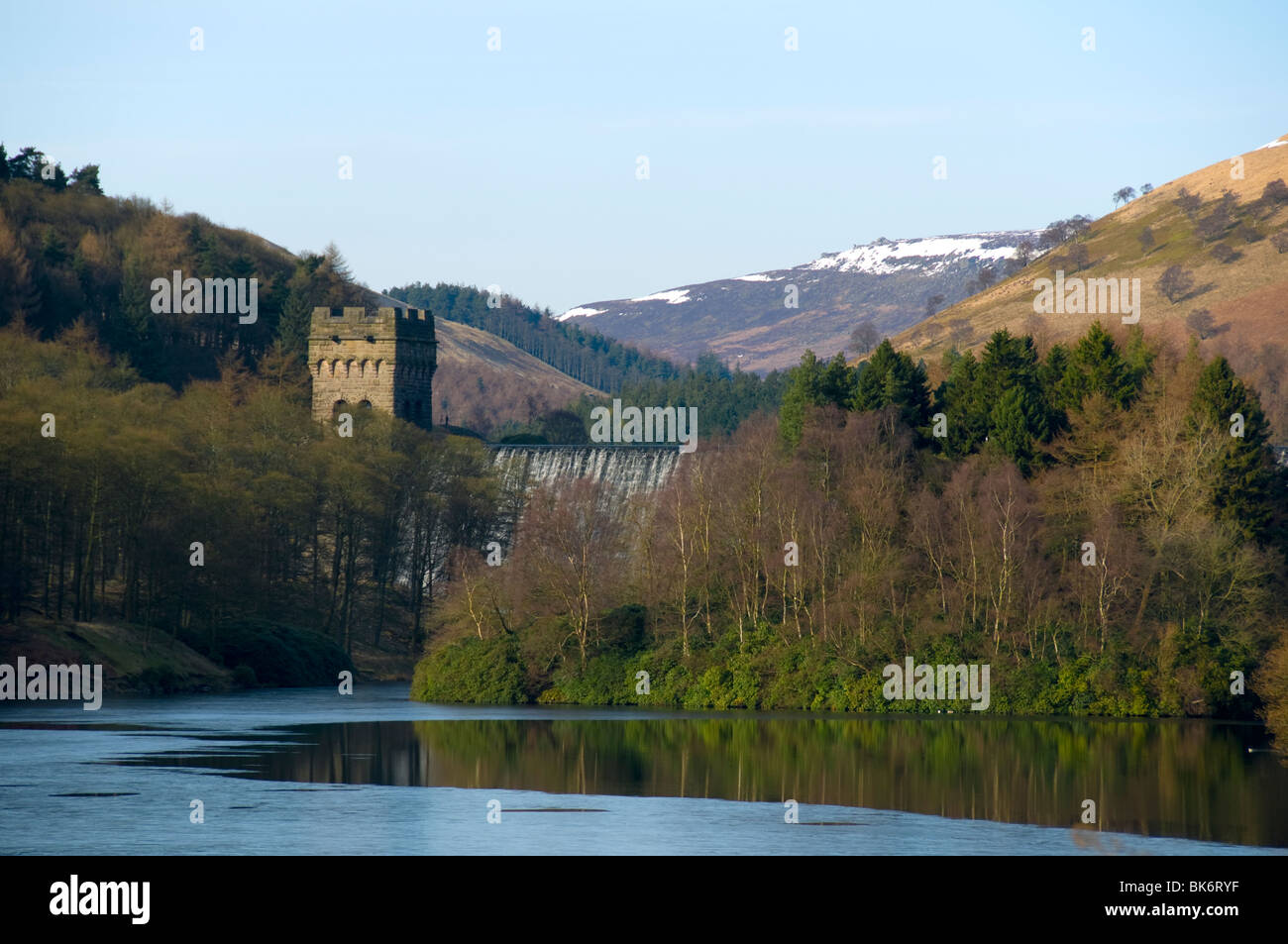 Howden Dam from Ladybower reservoir, Peak District, Derbyshire, England, UK Stock Photo