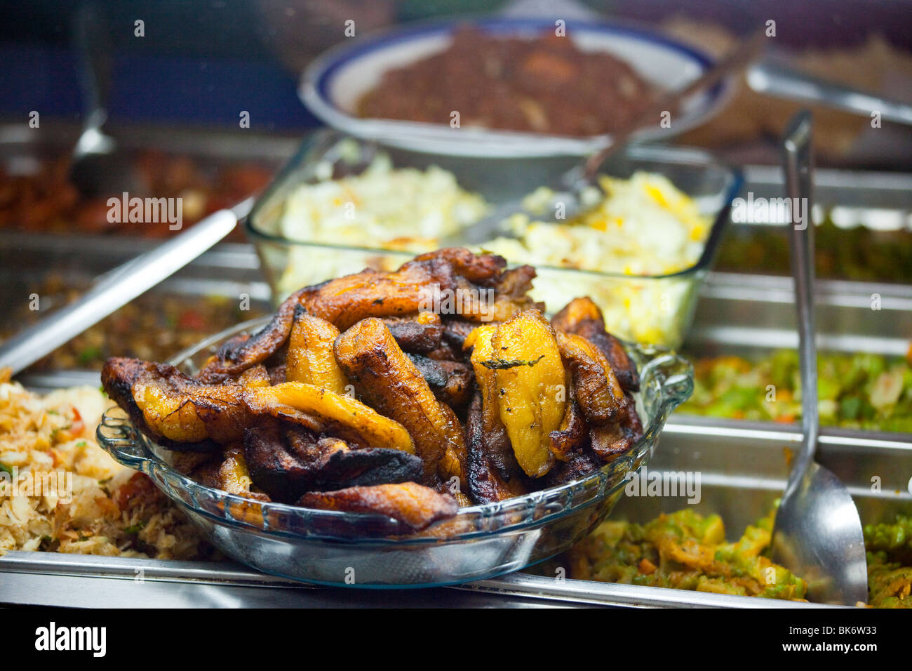 Plantain and other bin foods at the Breakfast Shack in Port of Spain Trinidad Stock Photo
