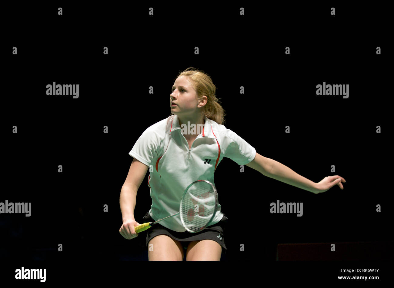 Anna Narel prepares to receive a serve at the European Badminton Championships in Mancester 2010 Stock Photo