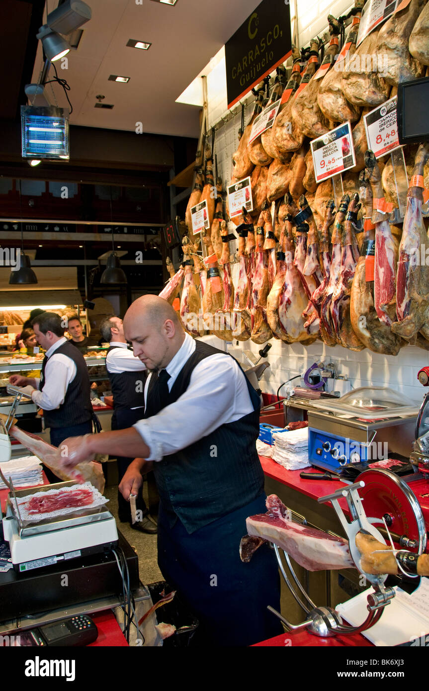 Butcher Mercado de San Miguel Market Madrid City Jamon Iberico Serrano Stock Photo