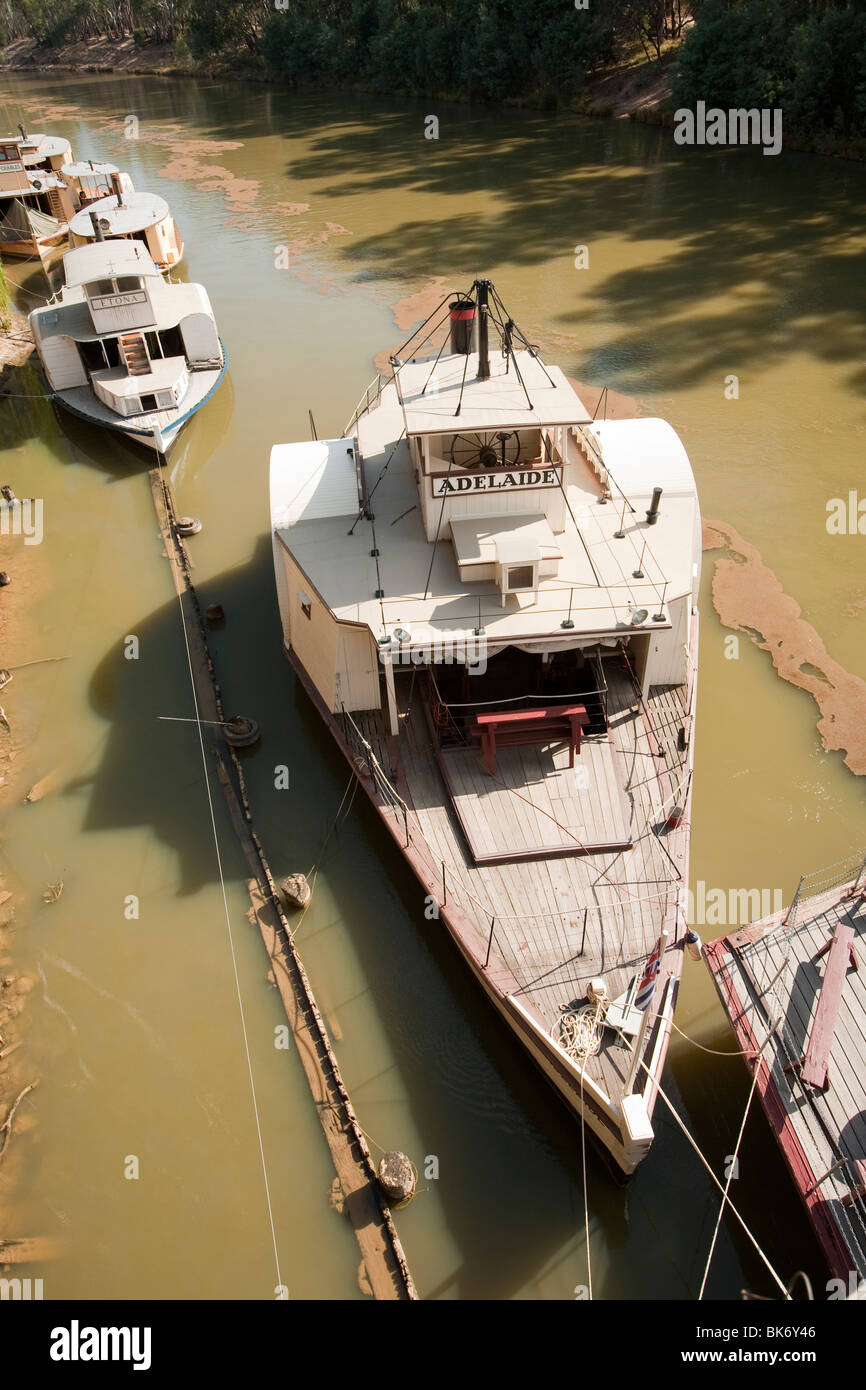 Wooden Paddle steamers on the Murray River at Echuca. The port has the worlds largest collection of wooden paddle steamers. Stock Photo