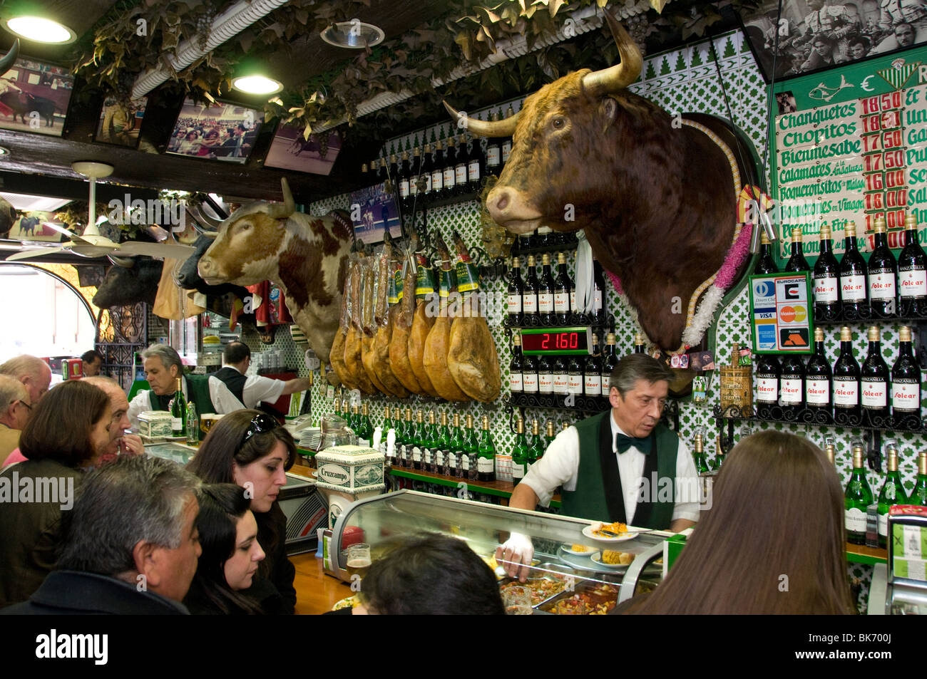 Plaza Mayor Madrid Spanish Bar La Torre del Oro  Andalusian Restaurant with Bull heads Stock Photo