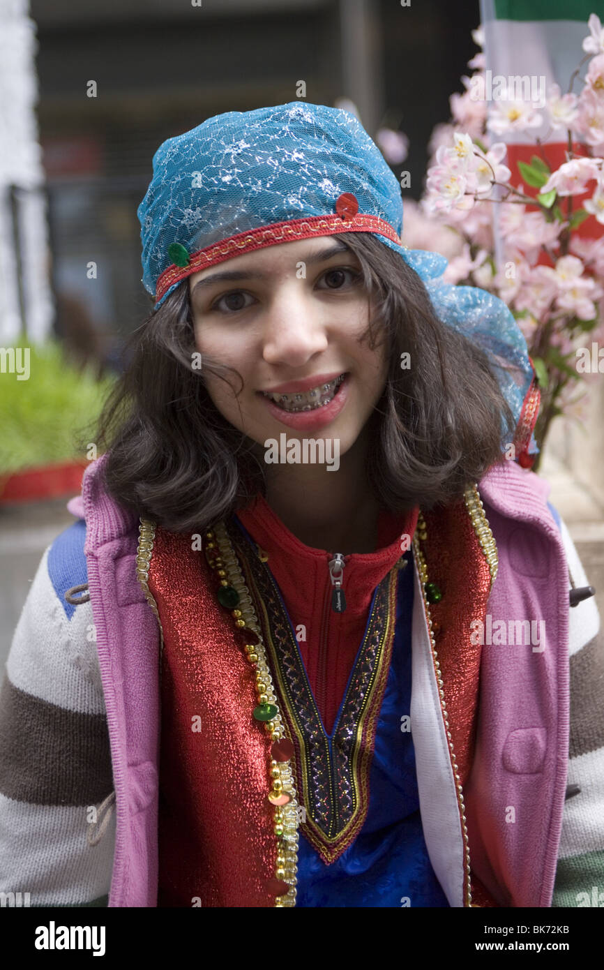 Teenage Iranian American girl at the annual Persian (Iranian) parade on Madison Avenue in New York City. Stock Photo