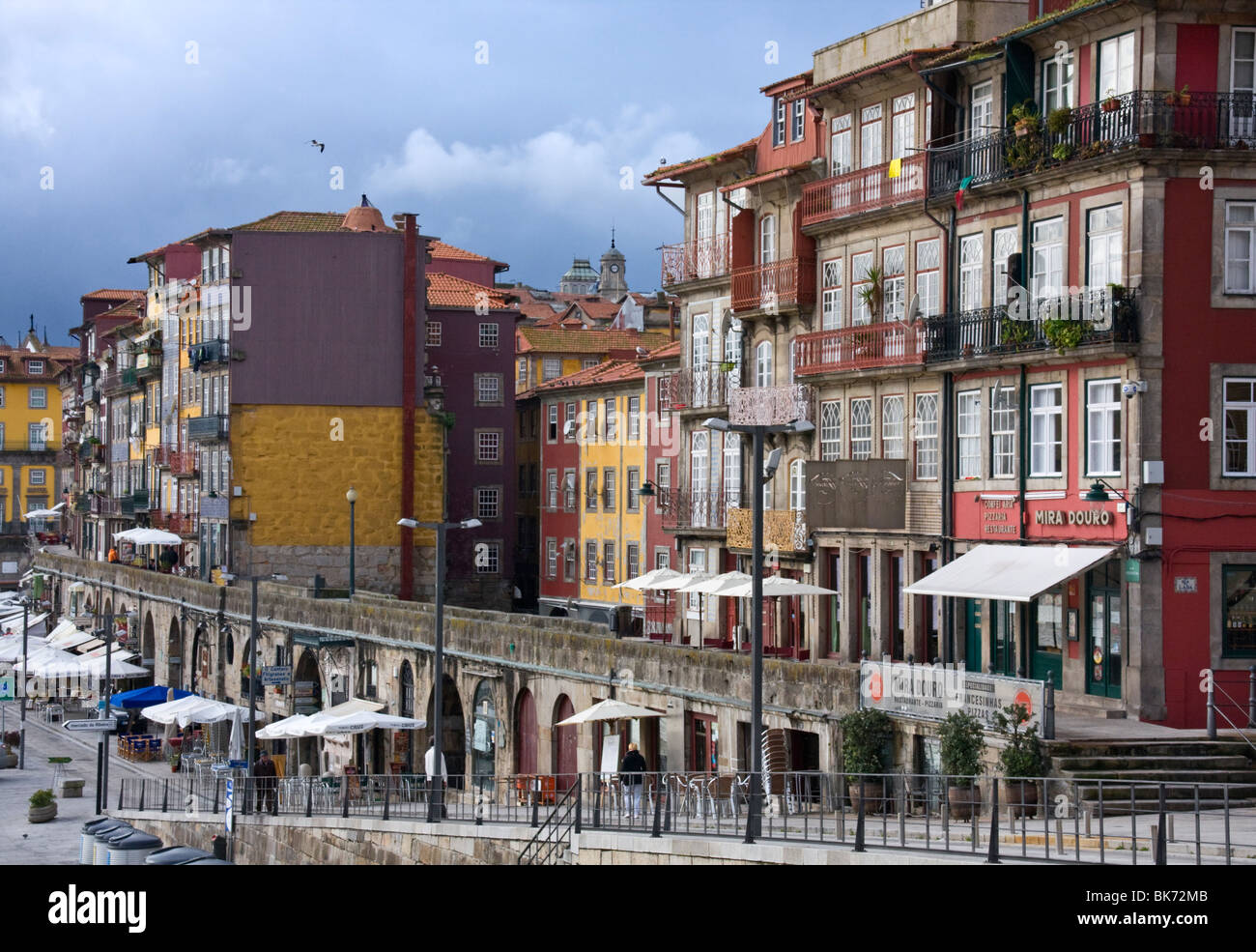 Sidewalk cafes on Ribeira Riverfront, city of Porto (also known as Oporto) a UNESCO World Heritage Site, north Portugal Stock Photo