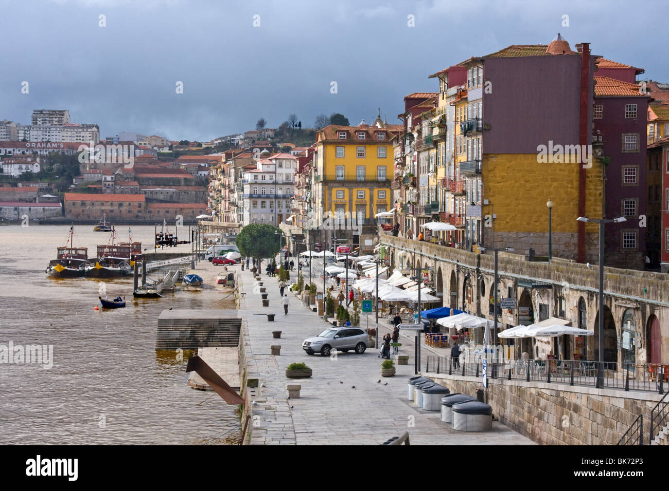 Sidewalk Cafes on Ribeira Riverfront,  city of Porto (also known as Oporto) a UNESCO World Heritage Site, north Portugal Stock Photo