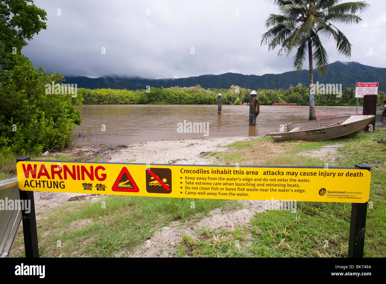 Crocodile warning signs on the side of the Daintree River in Northern Queensland, Australia. Stock Photo