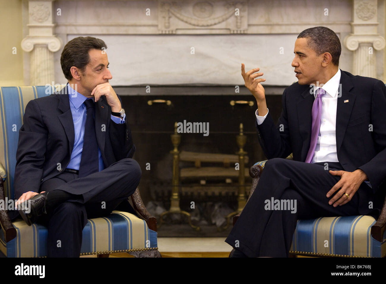 President Barack Obama meets with President Nicolas Sarkozy of France in the Oval Office, March 30, 2010. Stock Photo