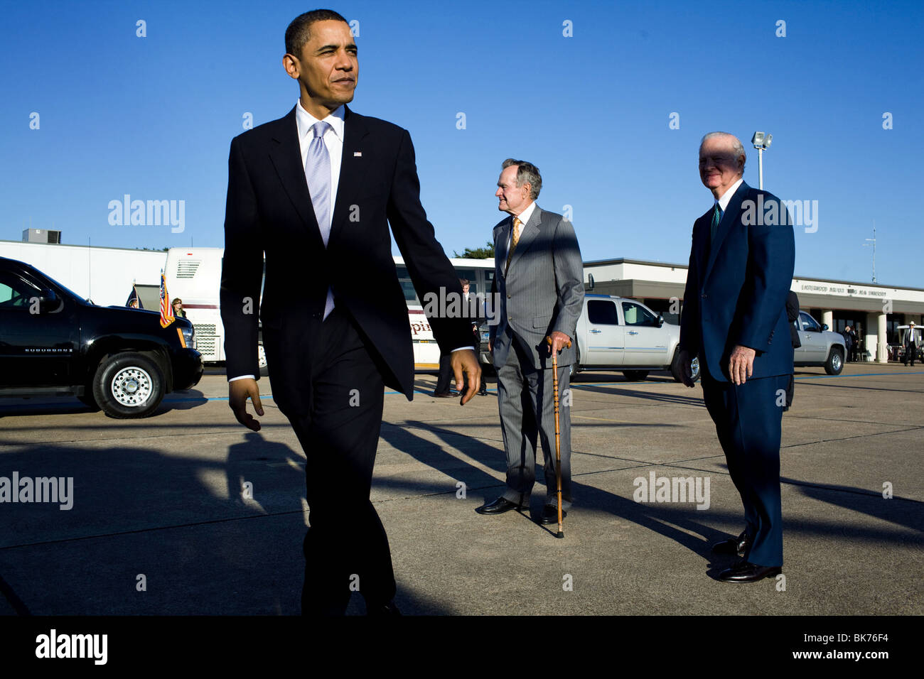 President Barack Obama says goodbye to former President George H. W. Bush and former Secretary of State James A. Baker Stock Photo