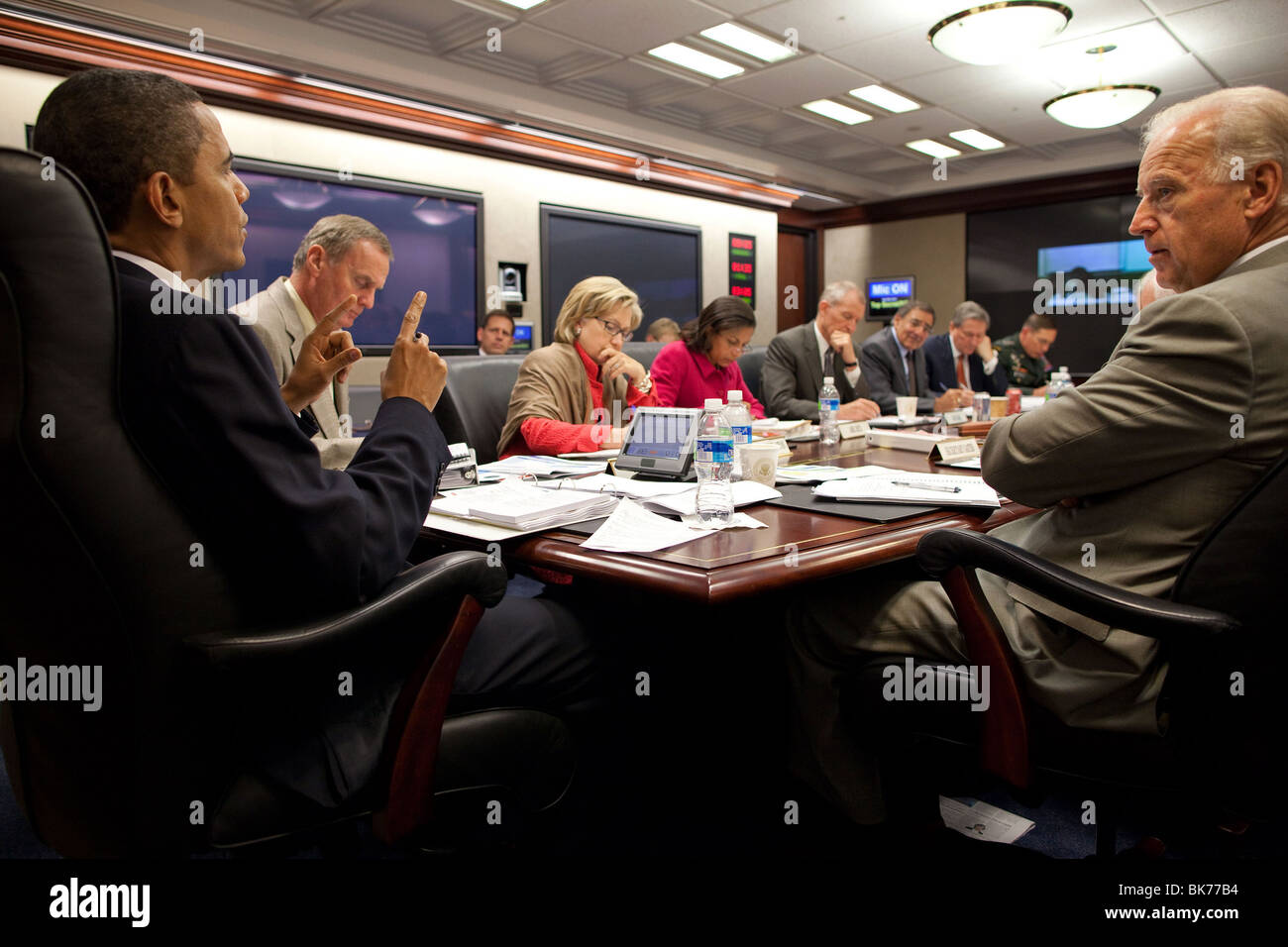 President Barack Obama attends a briefing on Afghanistan in the Situation Room of the White House, Oct. 9, 2009. Stock Photo