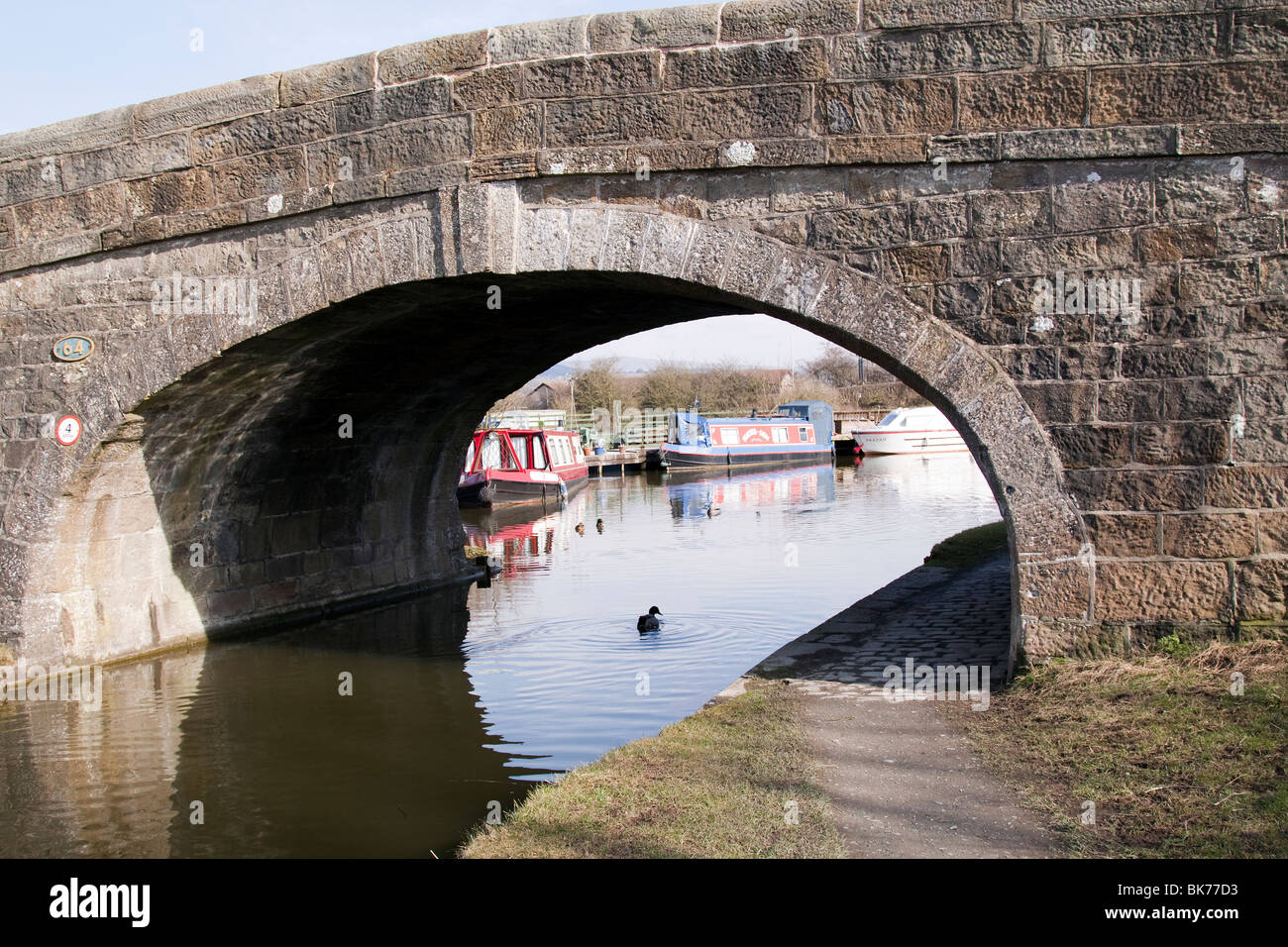 Bridge over Lancaster Canal Garstang boat moorings tow path Stock Photo
