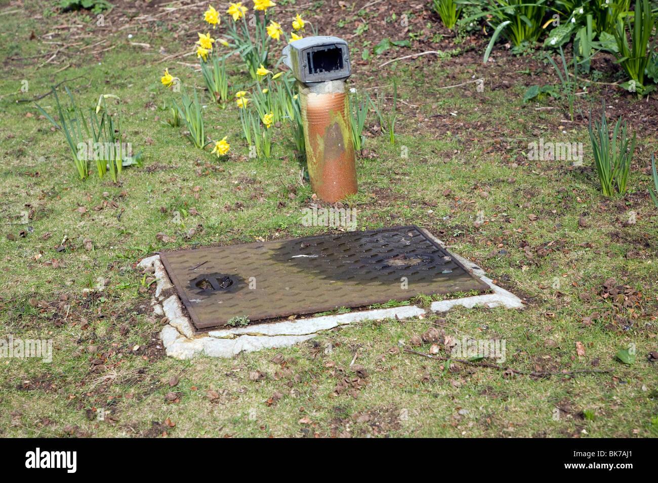 Garden septic tank access and ventilation Stock Photo