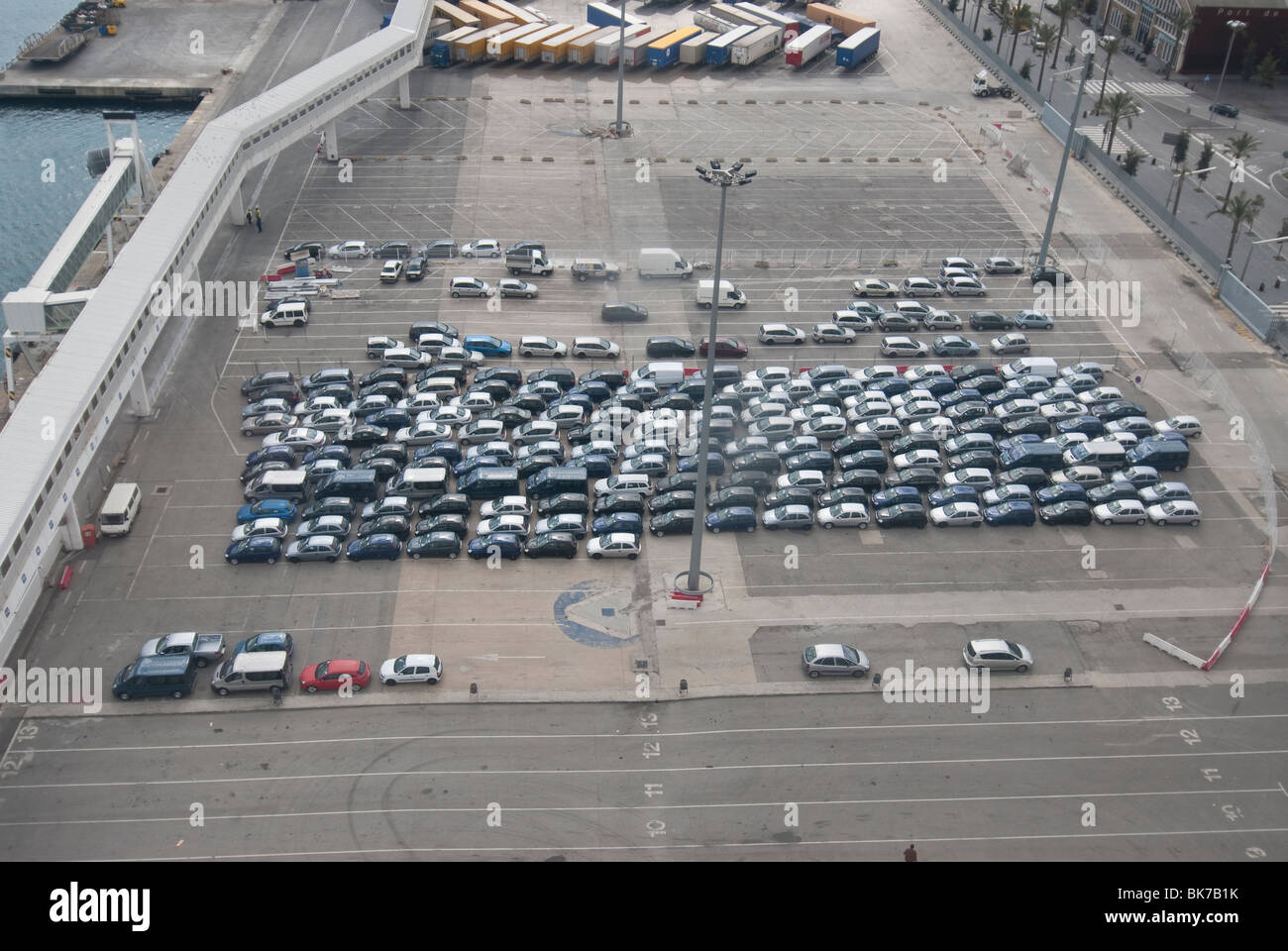 car parking lot at ferry terminal high angle view Stock Photo