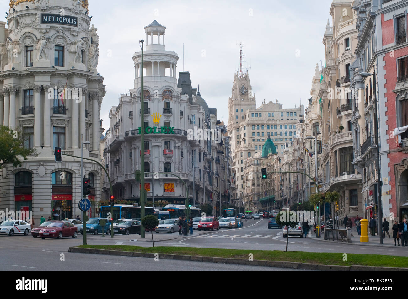 Madrid Gran Via seen from calle Alcala with Metropolis building in foreground left Stock Photo