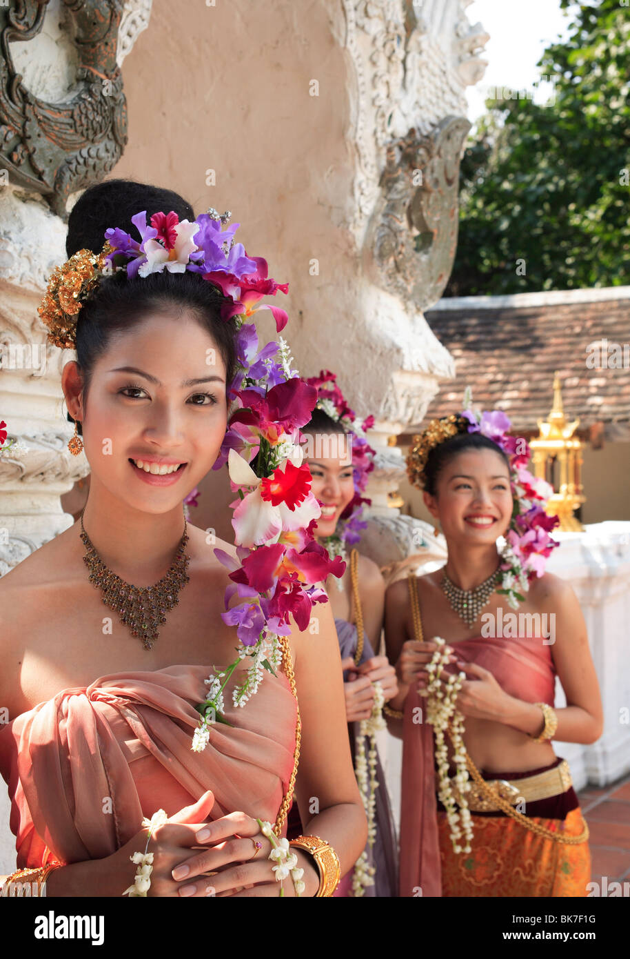 Thai girls in costume at a festival in Chiang Mai, Thailand, Southeast Asia, Asia Stock Photo