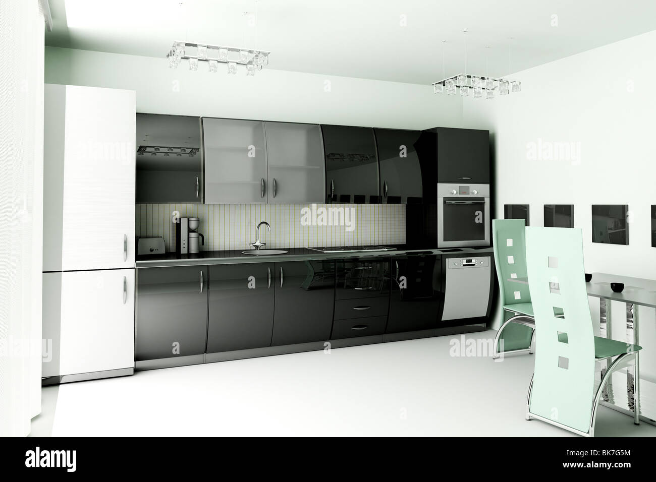 Interior of modern black green kitchen 3d render Stock Photo Alamy