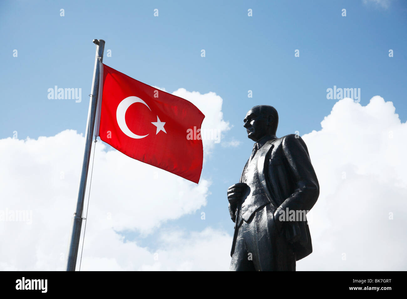 Turkish flag and ataturk statue in kas, turkey Stock Photo