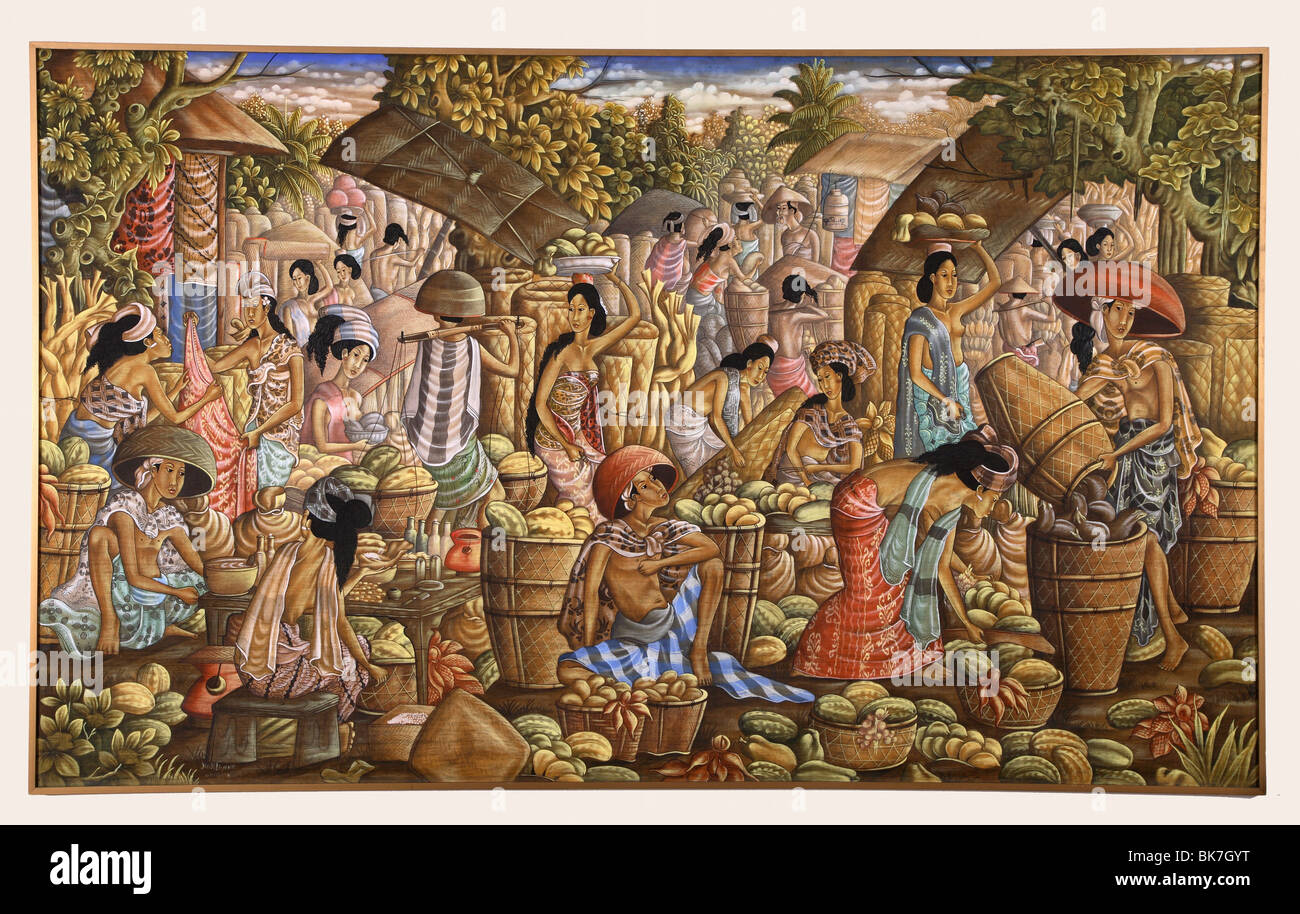 Balinese painting showing a market scene, Ubud school, Bali, Indonesia