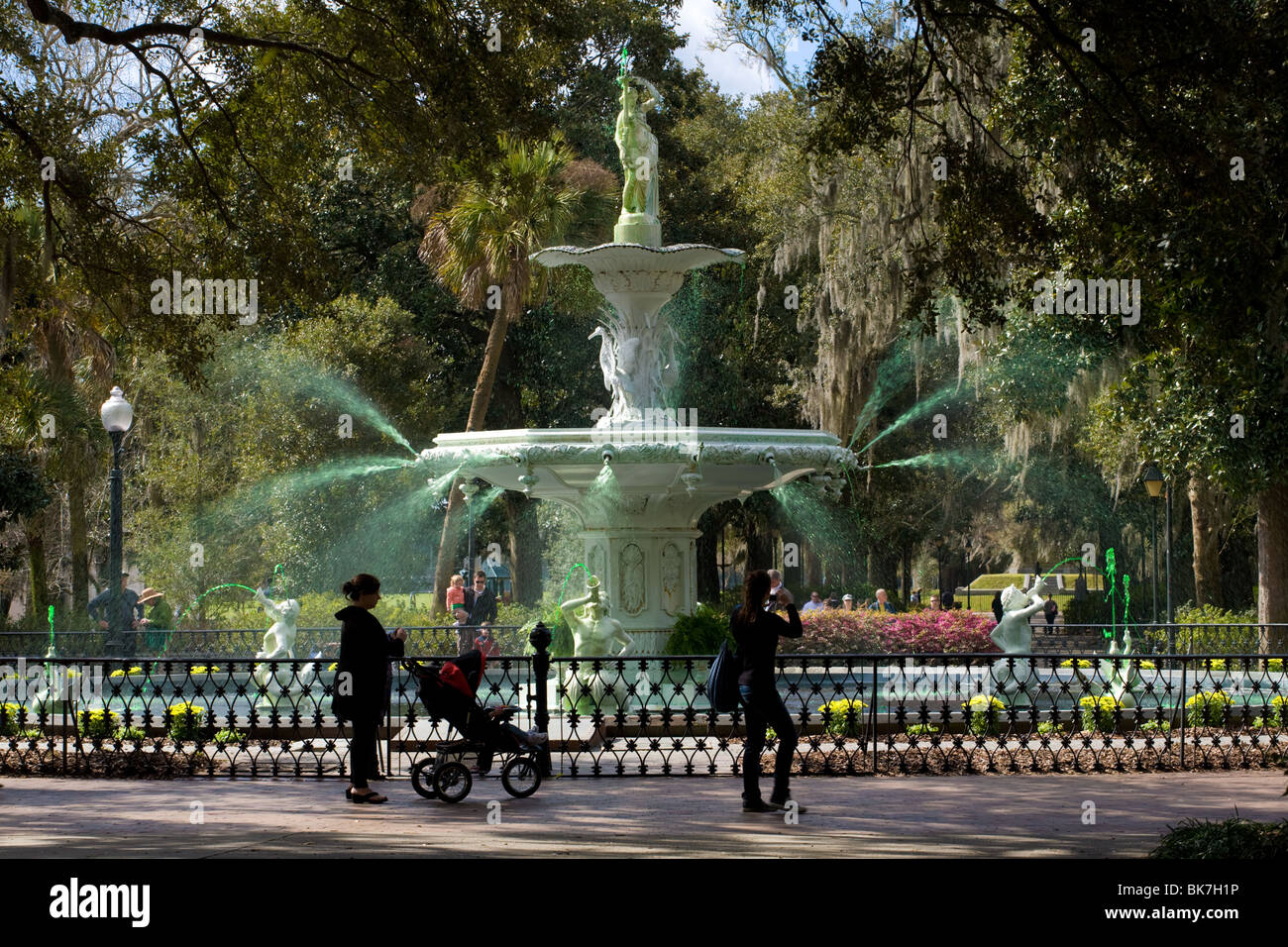 The big fountain in Forsyth Park, water dyed green for week preceding St. Patrick's Day, Savannah, Georgia, USA. Stock Photo