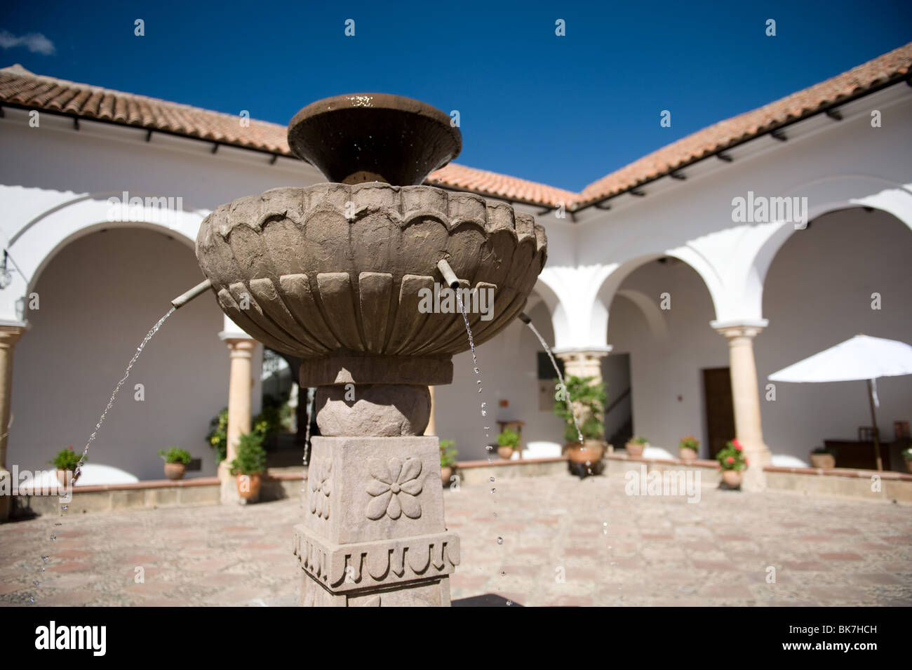 Old colonial Spanish patio in Sucre, Bolivia. Stock Photo