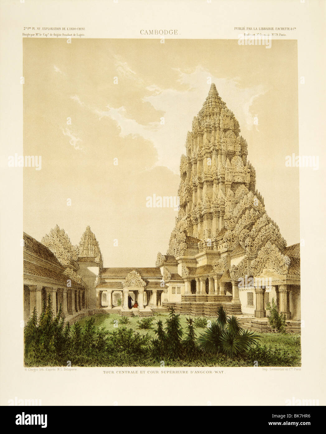 Engraving of Angkor Wat from Exploration de L'Indo-Chine by Delaporte, Cambodia, Indochina, Southeast Asia, Asia Stock Photo