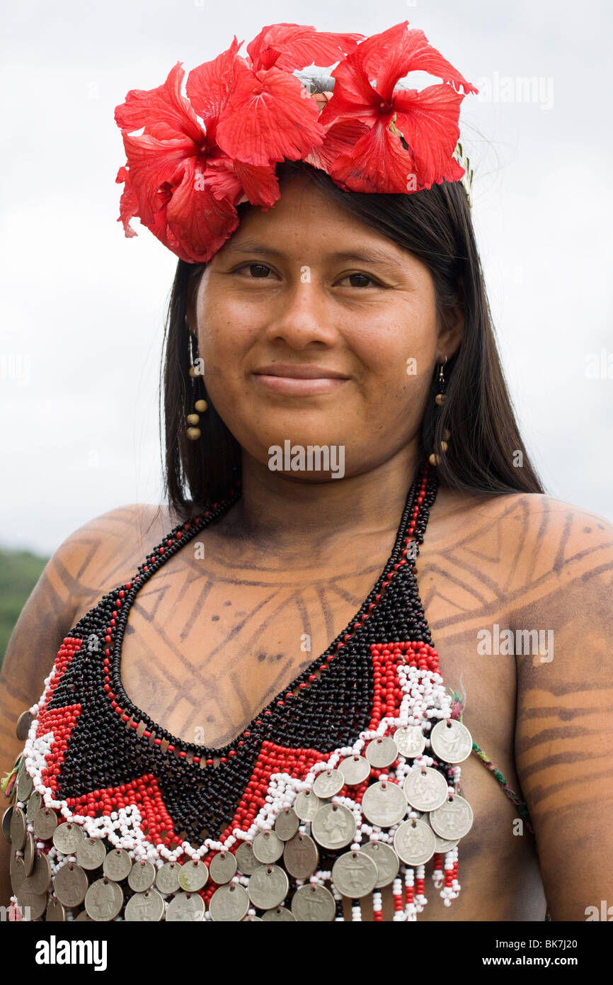 Embara women, Embera village, Chagres River, Panama, Central America Stock Photo