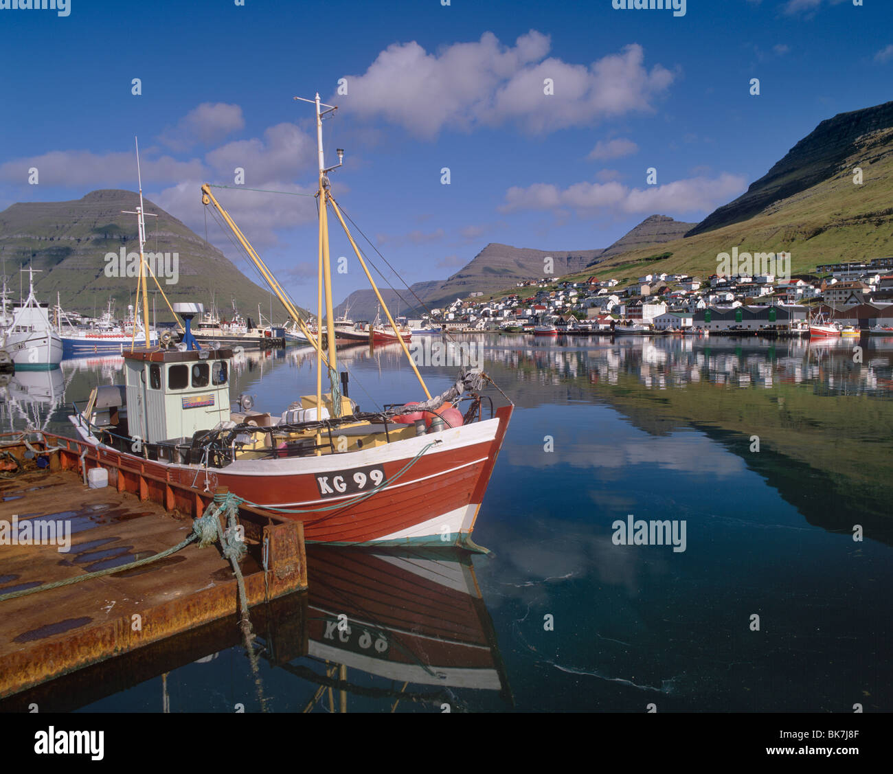Fishing boats in Klaksvik harbour, Bordoy island (Nordoyar), Faroe Islands (Faroes), Denmark, Europe Stock Photo