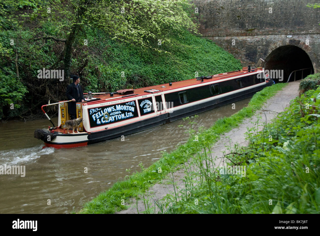 Narrow boat entering a tunnel, Llangollen Canal, England, United Kingdom, Europe Stock Photo