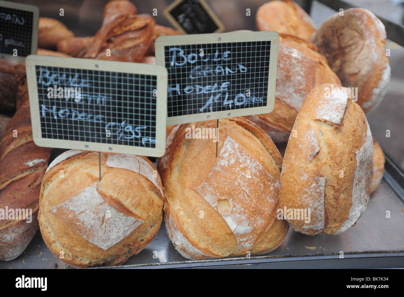 Europe France Nice Cote d'Azur Provence  fresh backed loaves of boule bread sold at the Sunday Market Stock Photo