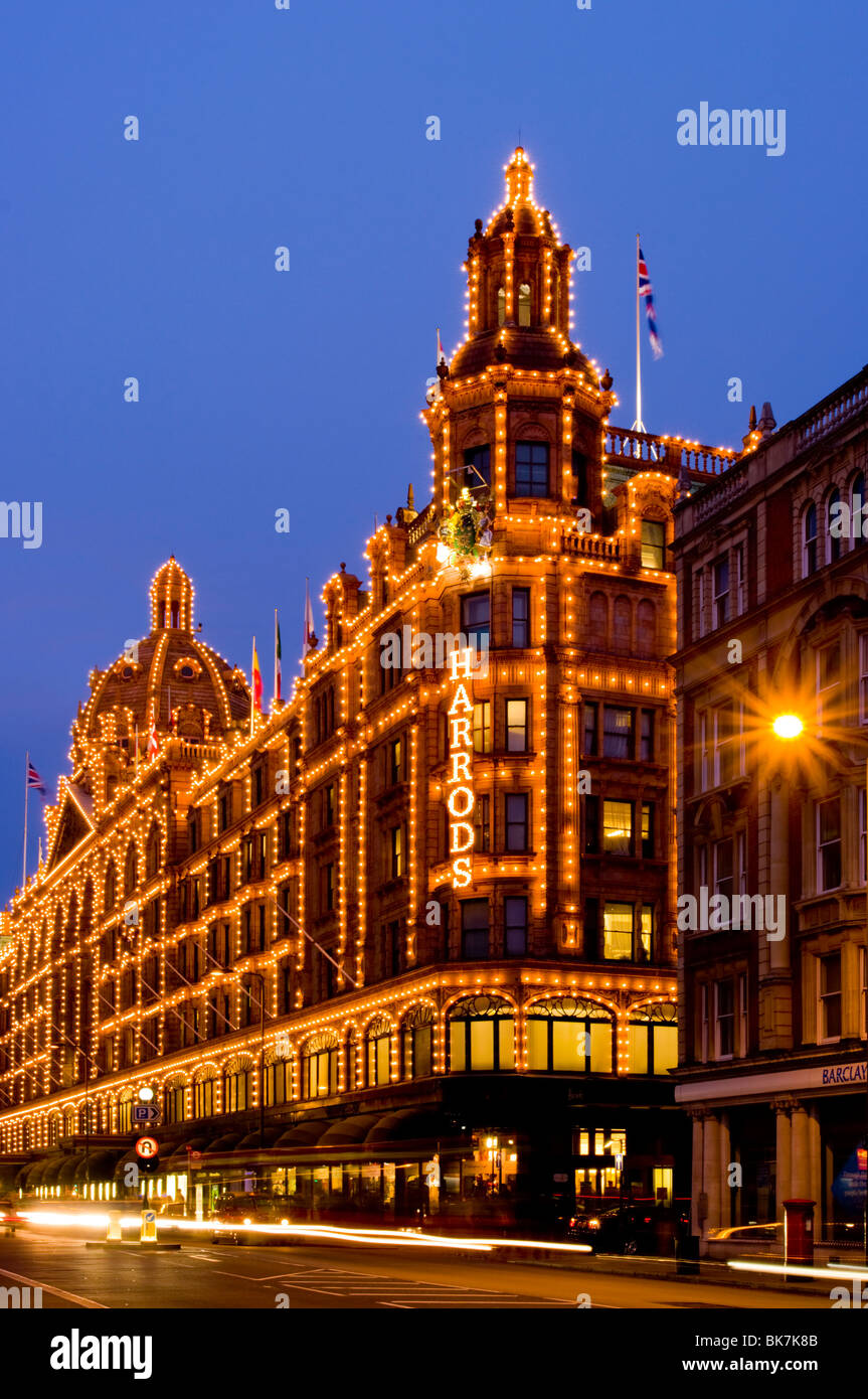 Harrods department store at dusk, Knightsbridge, London, England, United Kingdom, Europe Stock Photo