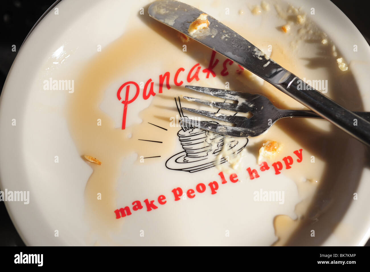 Empty plate for pancakes, knife and fork, syrup pancakes make people