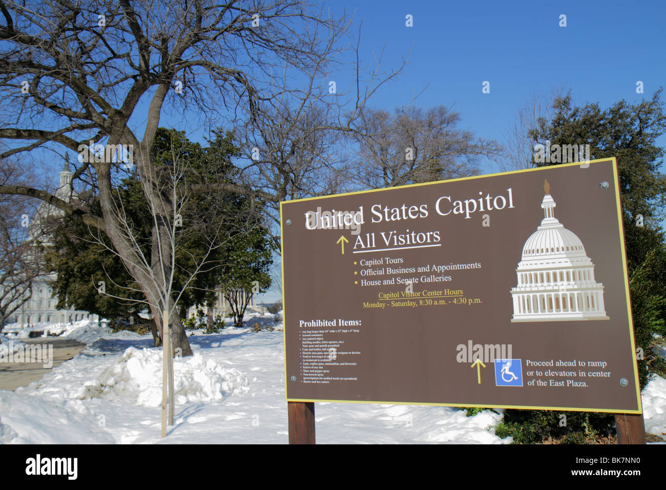 Washington DC,United States US Capitol,visitor center,tours,hours,prohibited items,security,sign,winter,snow,dome,government,Congress,DC100218005 Stock Photo