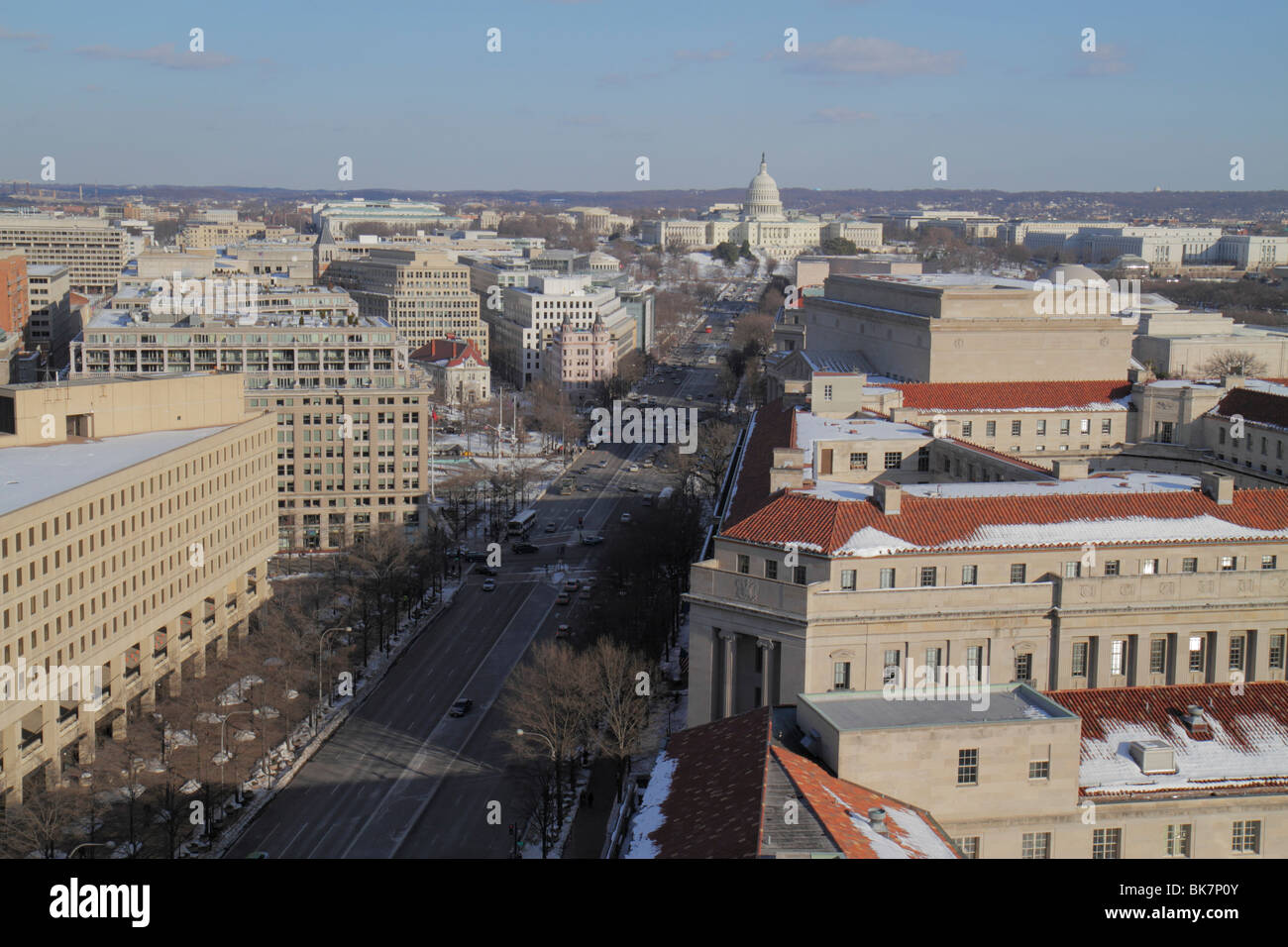 Washington DC,Pennsylvania Avenue,United States Capitol building,dome,rooftops,office buildings,city skyline,car,traffic,view from Old Post Office Pav Stock Photo