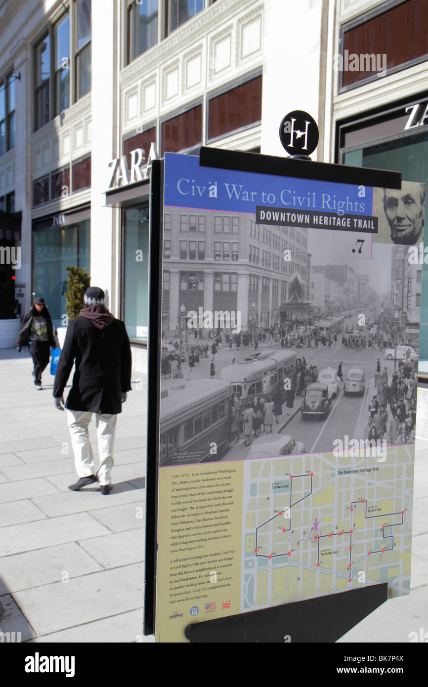 Washington DC,10th Street NW,Downtown Heritage Trail,marker,street,sidewalk,sign,self guided walking trail,Civil War to Civil Rights,history,poster,in Stock Photo