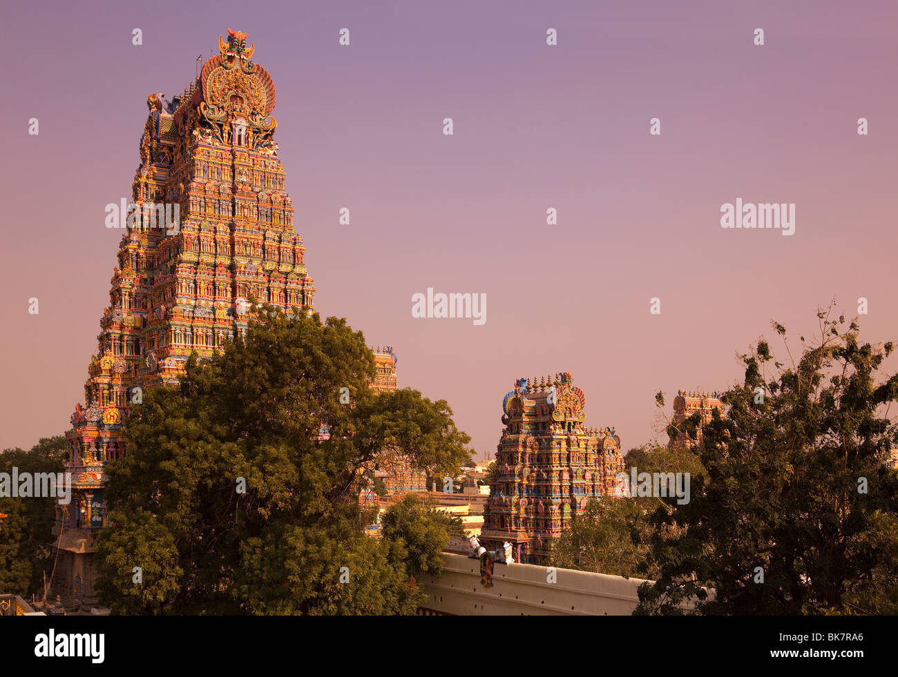 India, Tamil Nadu, Madurai, Sri Meenakshi Temple, newly restored colourful east gopurams at sunset Stock Photo
