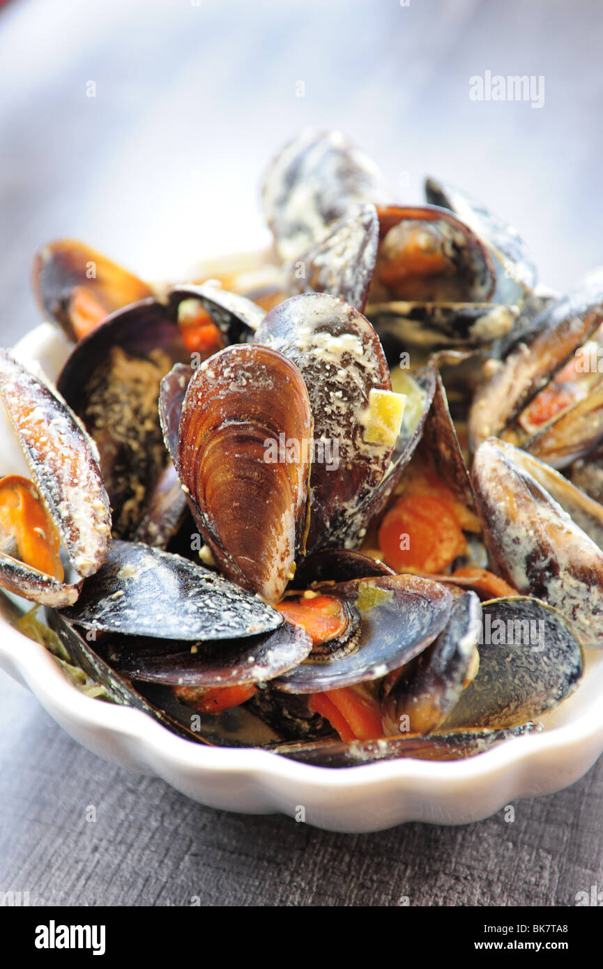 France Cote d'Azur Provence Cassis mussels at restaurant shell fish  dining fresh Mediterranean Sea Stock Photo