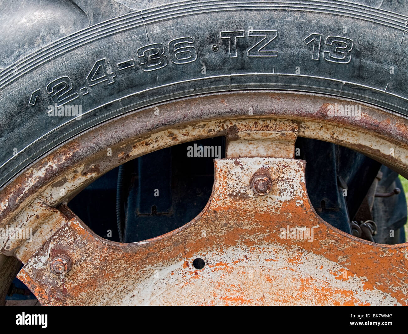 Old truck wheel detail, with oxidation. Stock Photo