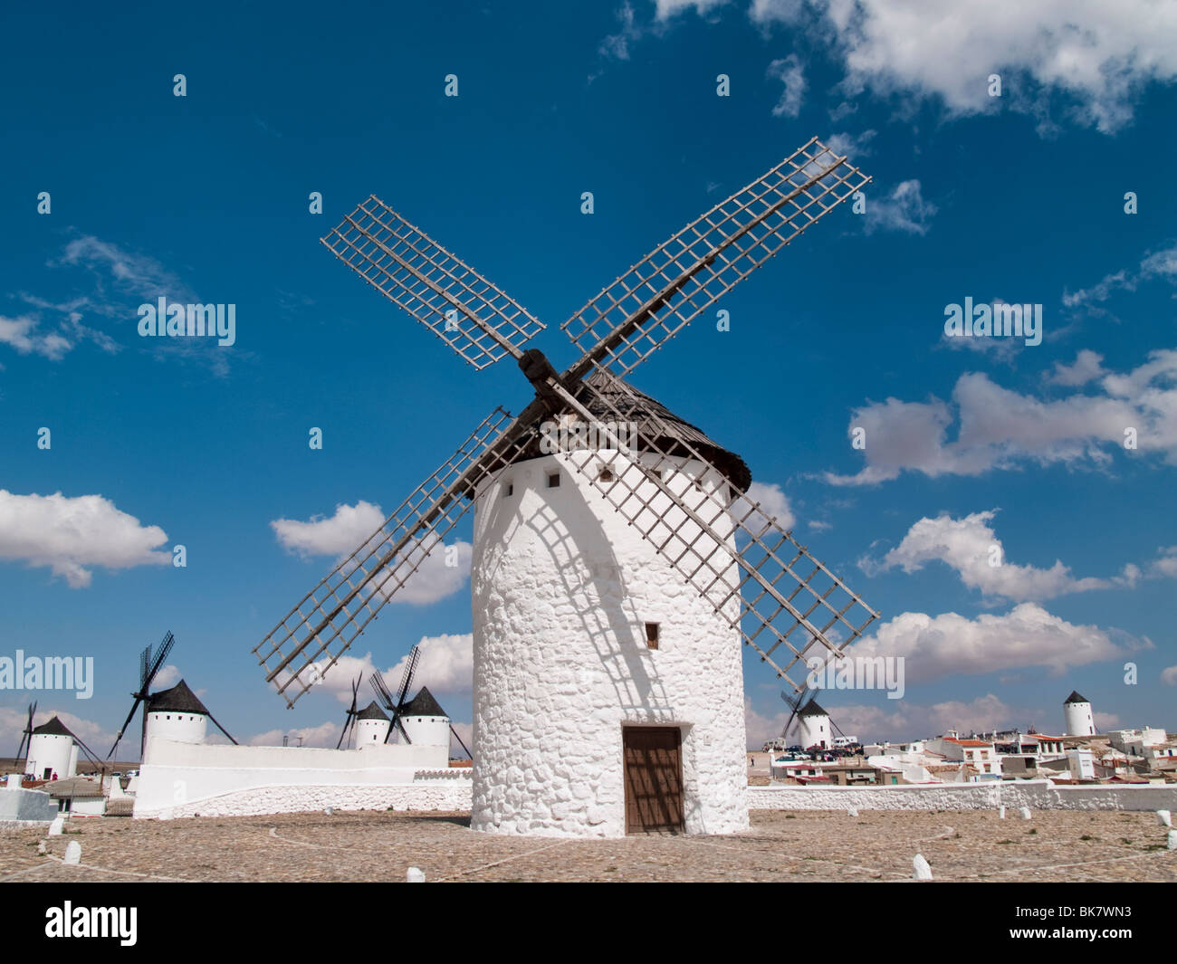 Windmills at Quixote's land (Campo de Criptana, Ciudad Real, Spain) Stock Photo