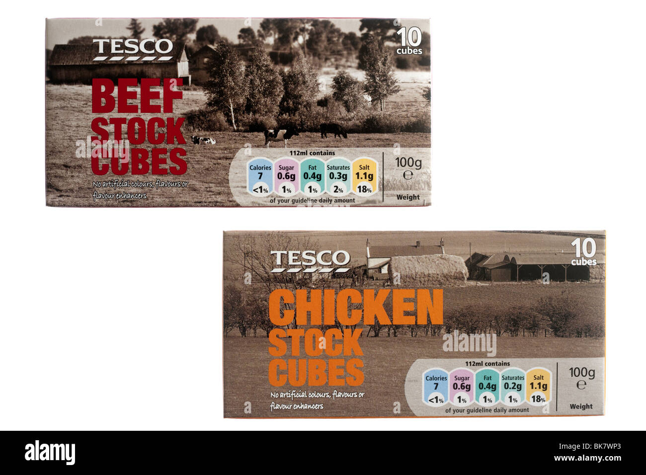 Two packs of Tesco 10 cubes beef and chicken stock cubes Stock Photo